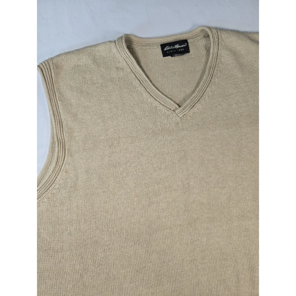 Vintage Y2K Eddie Bauer XXL Tall Linen Cotton Sweater Vest Beige Preppy Academia